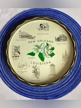 Vintage New Orleans LA Souvenir Metal Tin Tray 11" Round Platter Retro Barware
